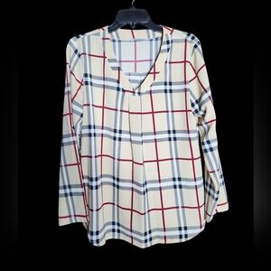 Youtalla Plaid V-Neck Blouse - Cream, Burgandy, Black pullover Size Med